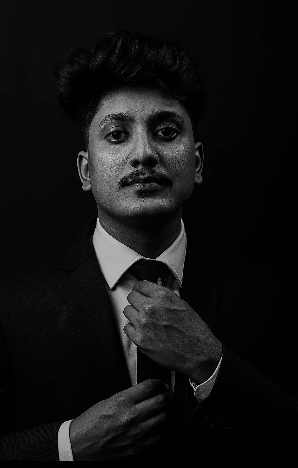 Black-and-white portrait of Aabishkar Shrestha